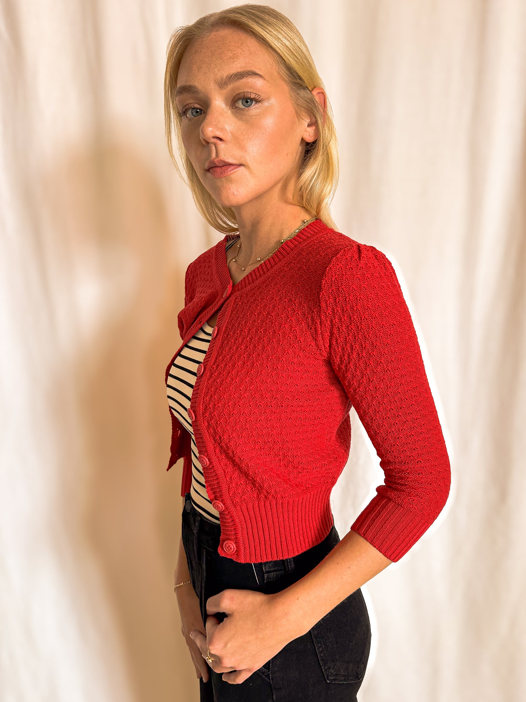 Pointelle Knit Quarter Sleeve Crop Cardigan / Red