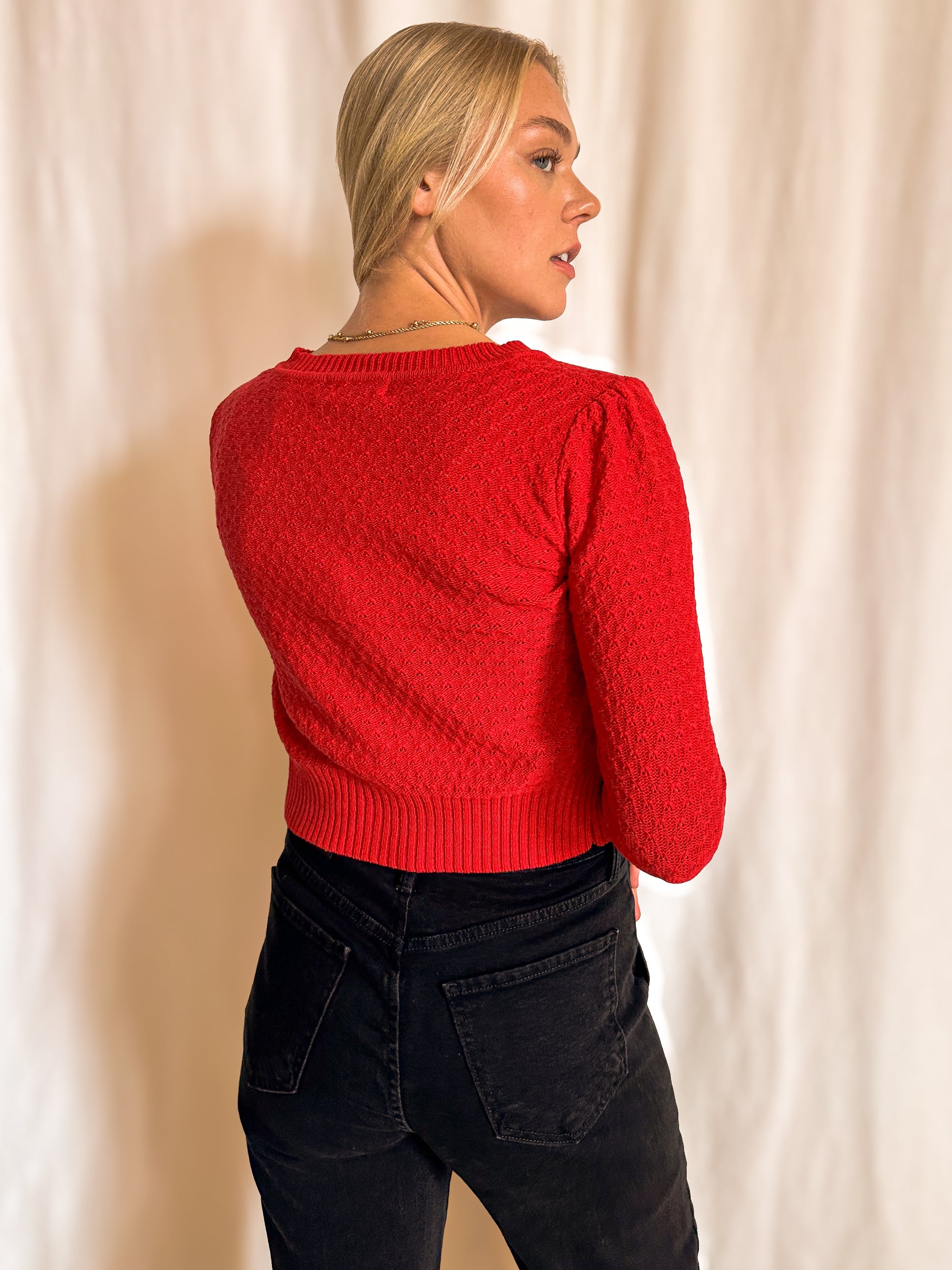 Pointelle Knit Quarter Sleeve Crop Cardigan / Red