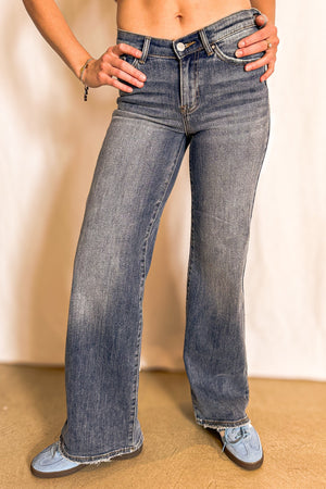 High Rise Dip Front Slim Wide Leg Jean / Dark