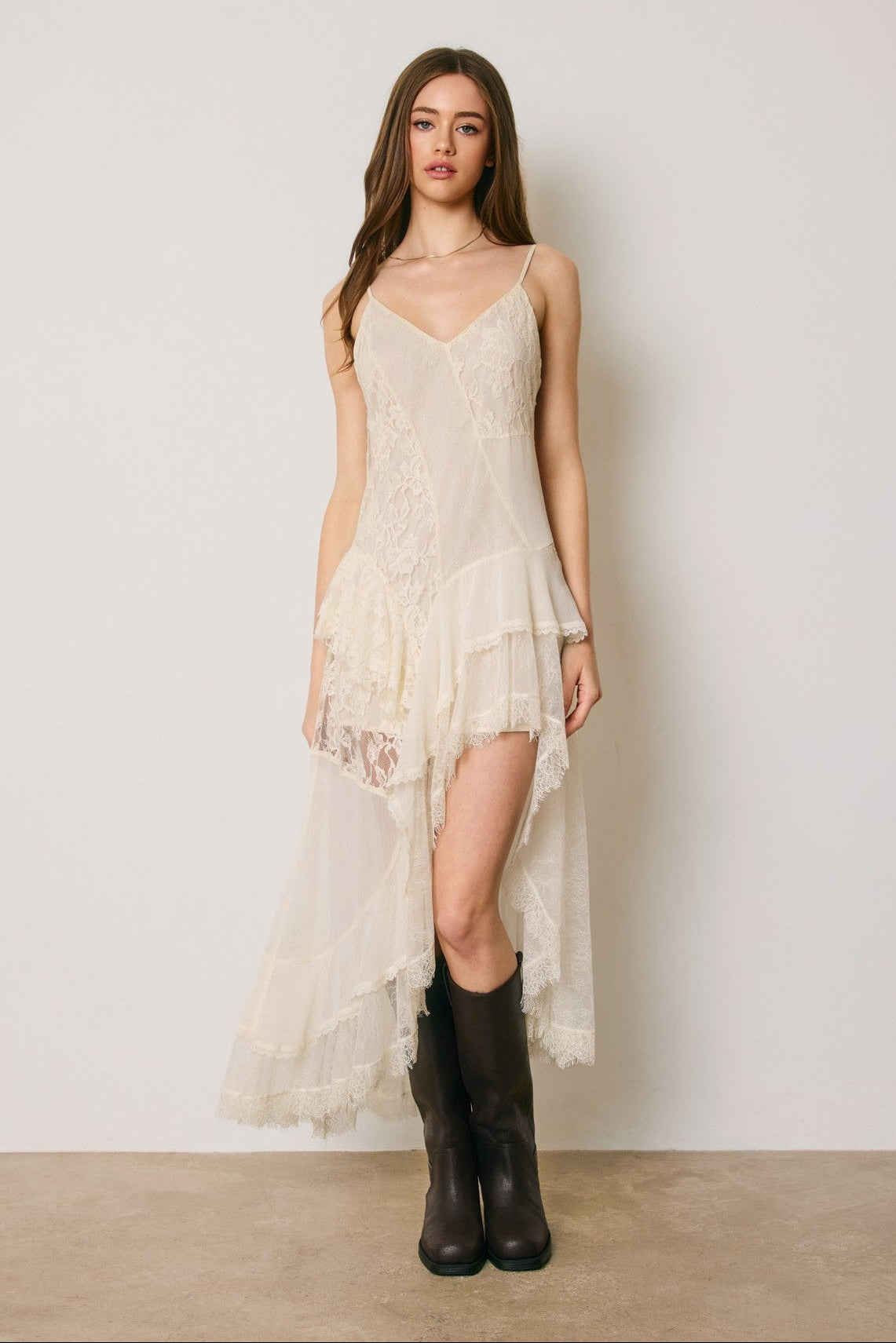 Layered Chiffon Lace High Leg Cami Maxi Dress / Ivory