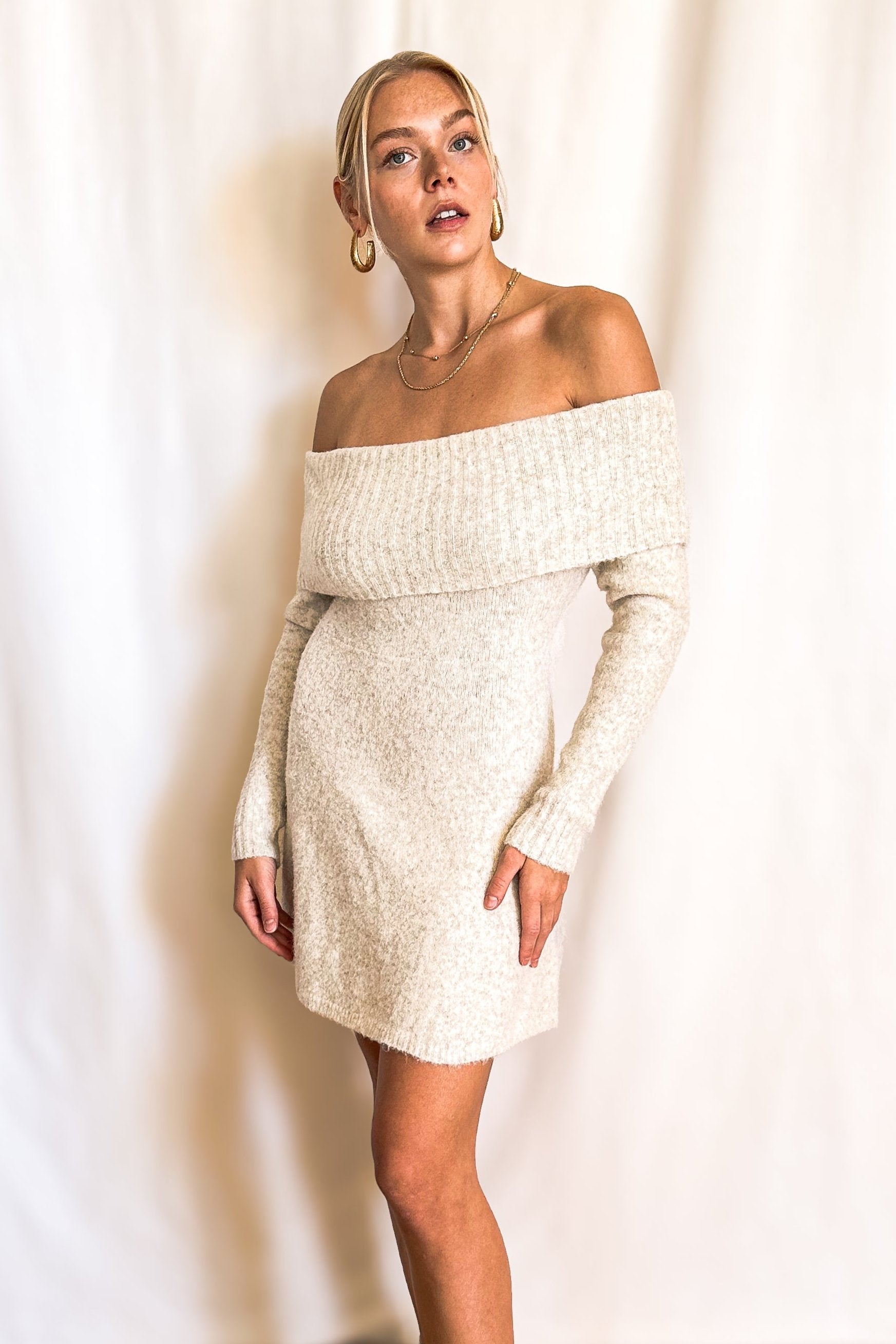 Knit Off Shoulder Skater Dress / Cream