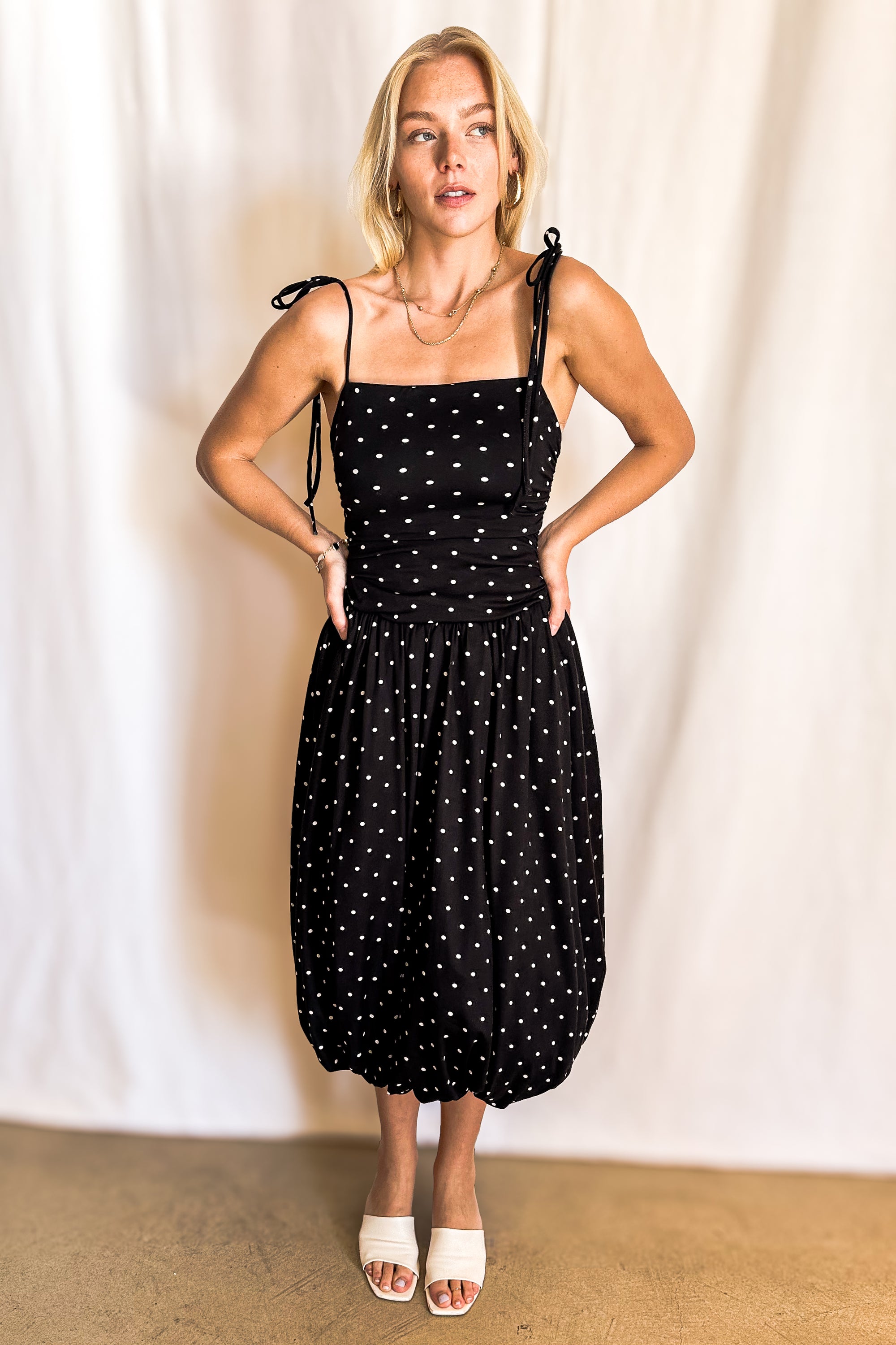 Polka Dot Ruched Bodice Bubble Midi Dress / Black