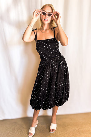 Polka Dot Ruched Bodice Bubble Midi Dress / Black