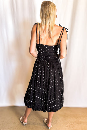 Polka Dot Ruched Bodice Bubble Midi Dress / Black