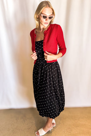 Polka Dot Ruched Bodice Bubble Midi Dress / Black