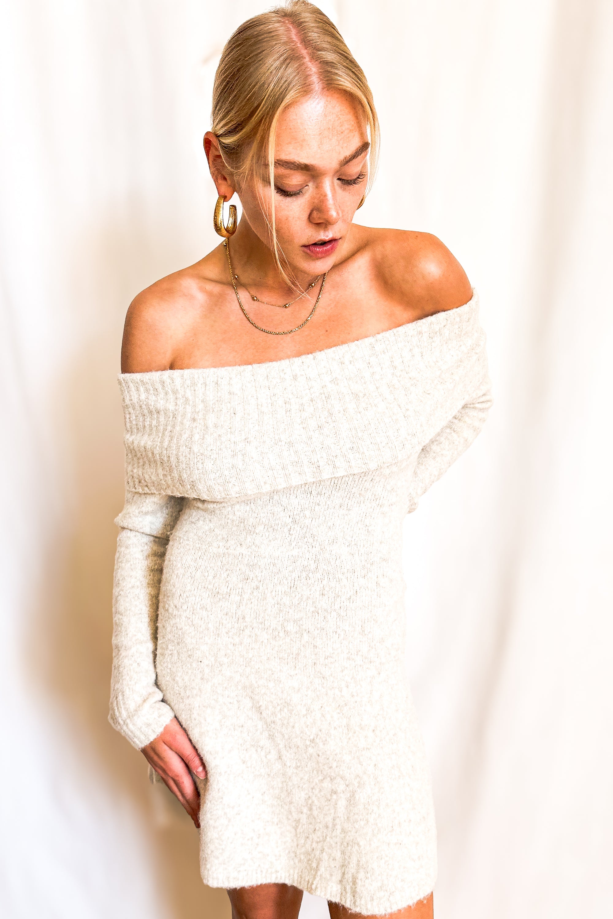 Knit Off Shoulder Skater Dress / Cream