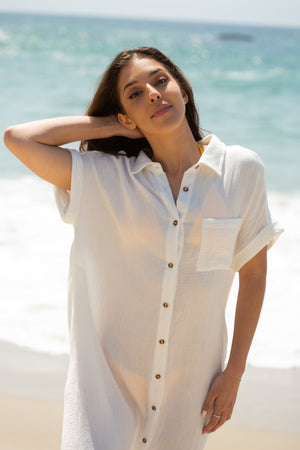 Gauze Short Sleeve Button Down Maxi Shirt Dress / Ivory