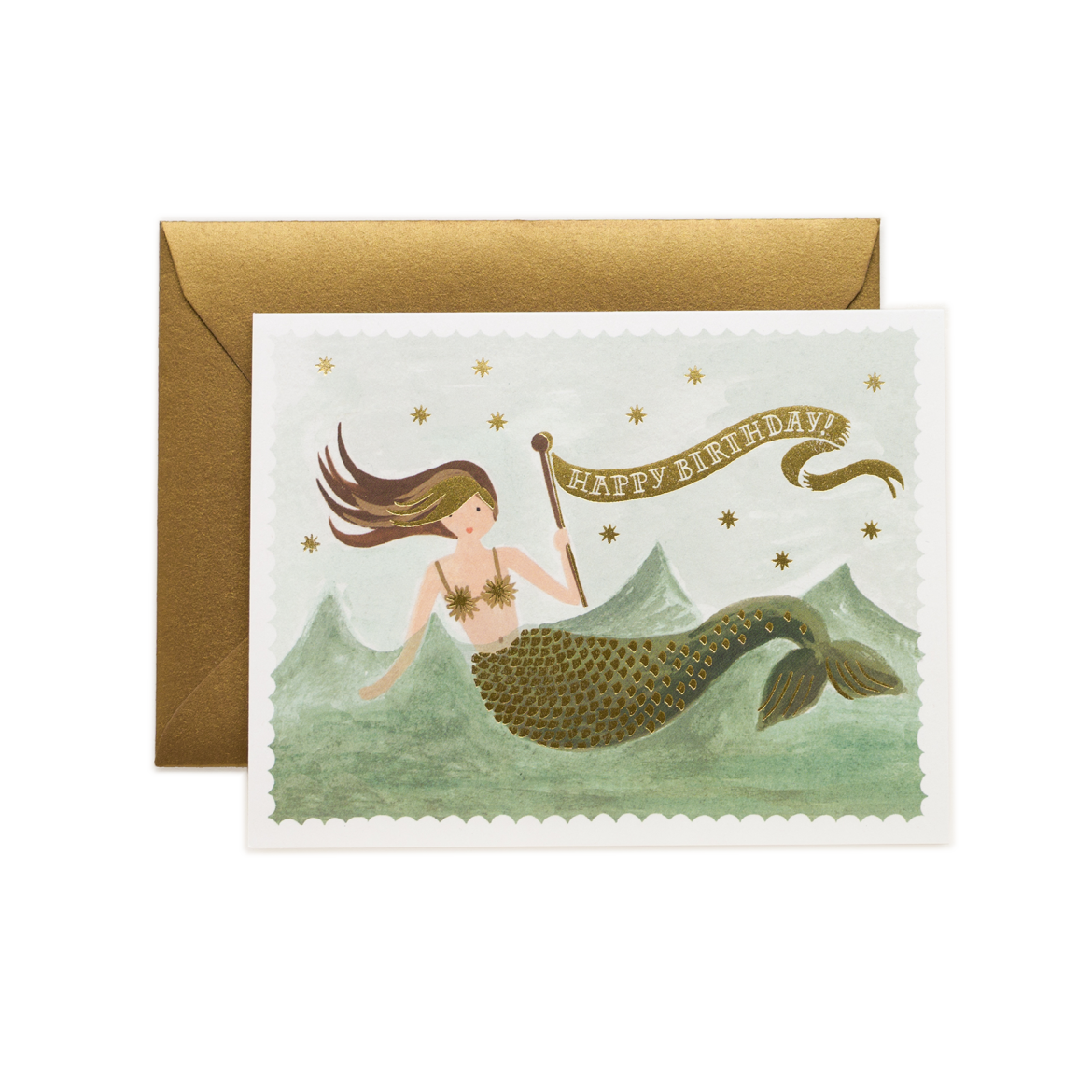 Vintage Mermaid Birthday Card / Gold Envelope